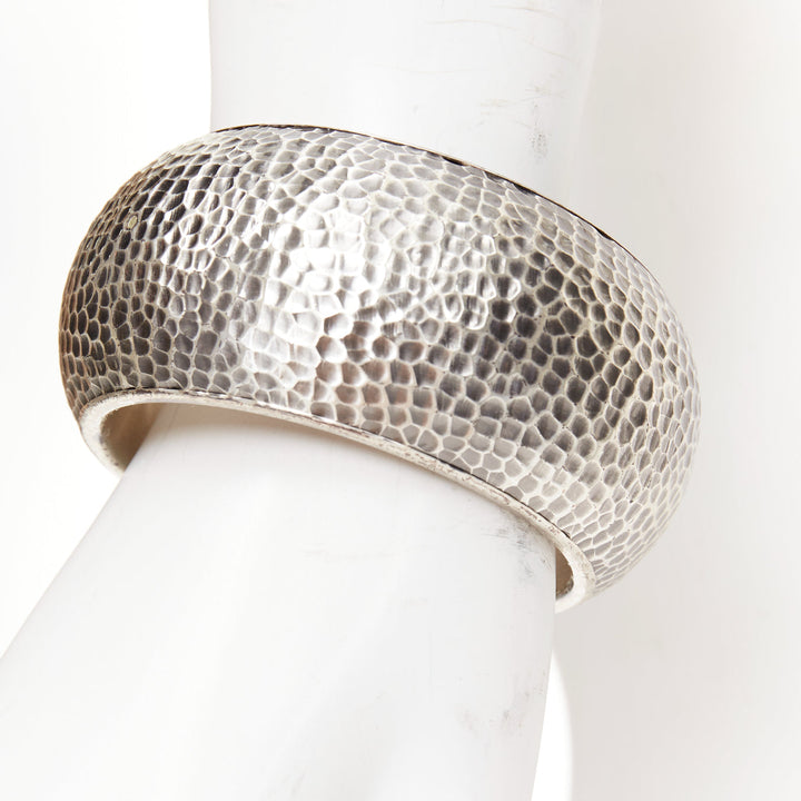 BOTTEGA VENETA 2014 oxidised 925 sterling silver hammered dome cuff bangle