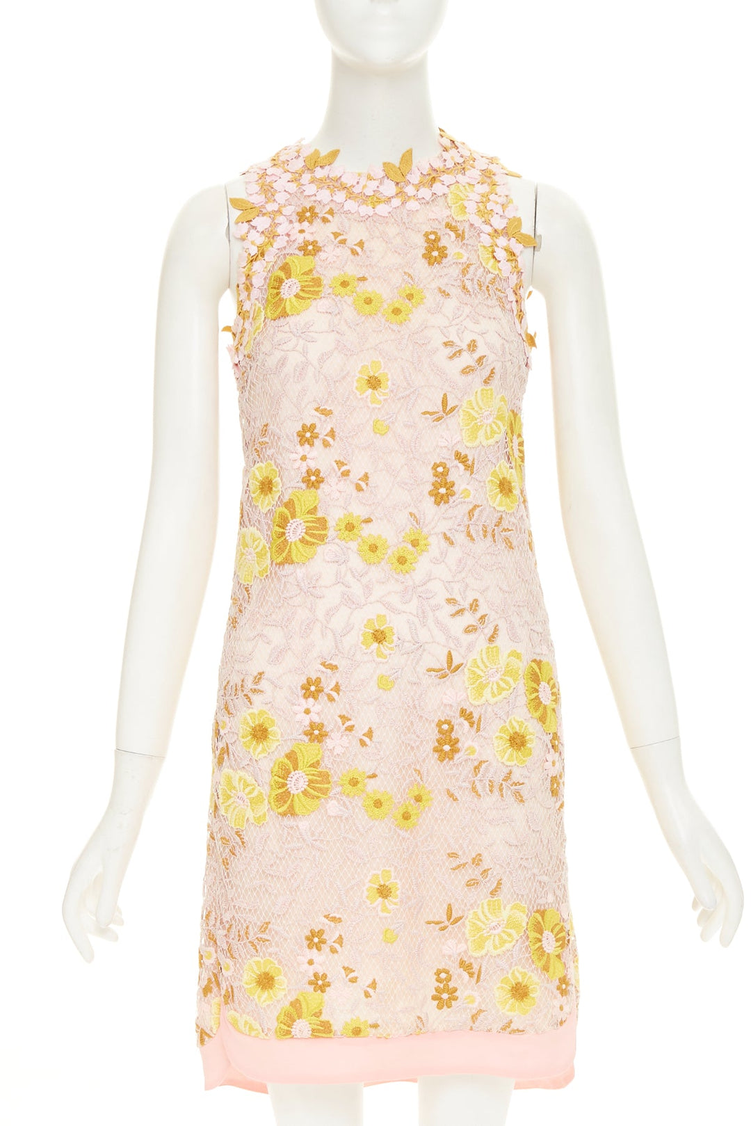 GIAMBATTISTA VALLI petal floral macrame lace pastel pink yellow dress IT38 XXS