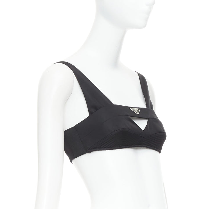 PRADA Re-Nylon black triangle logo cut out contour crop top bralette IT36 XS