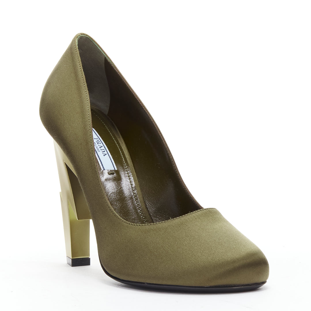 PRADA Lightning Bolt green silk satin gold metal heel pump EU38.5