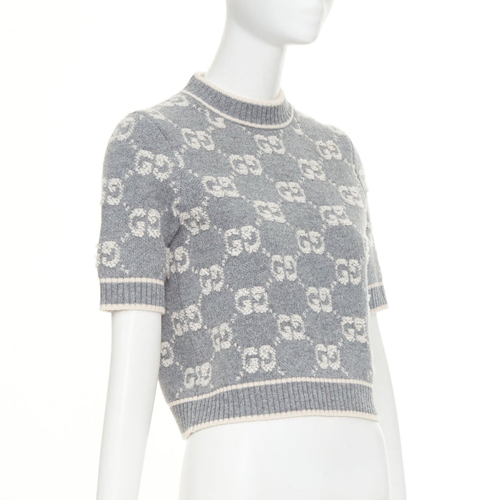 GUCCI grey pale pink wool GG monogram intarsia boucle crop sweater XS