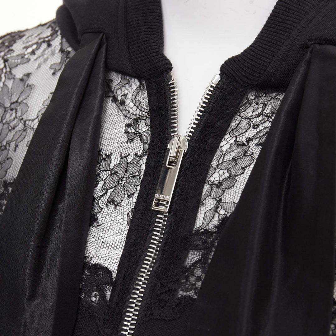 VALENTINO black cotton sheer floral lace panel floral applique half zip hoodie M