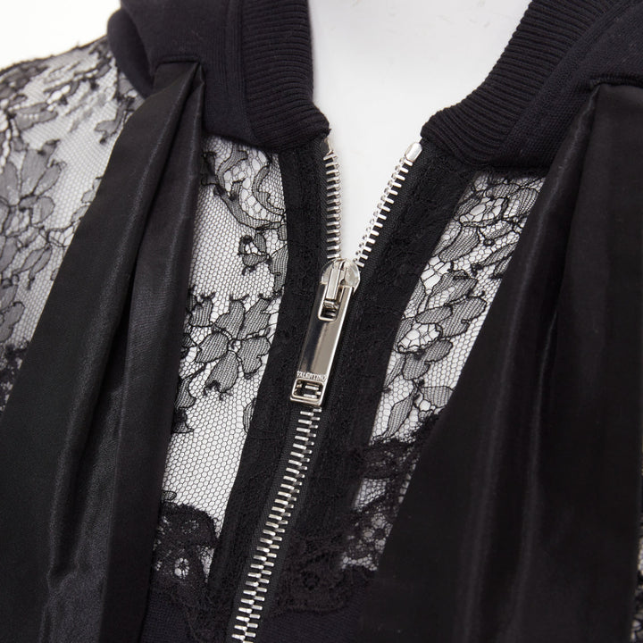 VALENTINO black cotton sheer floral lace panel floral applique half zip hoodie M