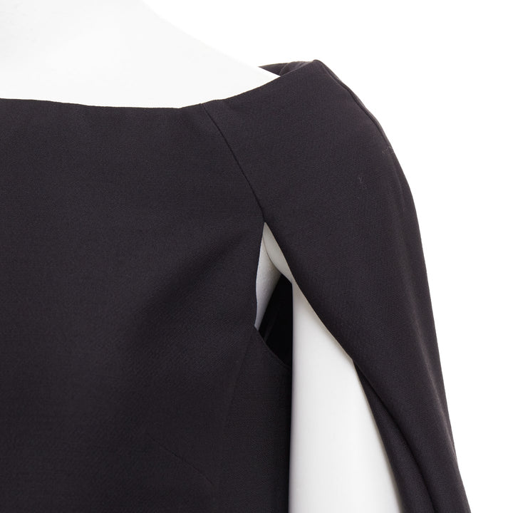 VALENTINO black wool silk bateau darted shoulder cape sleeves mini dress IT38 XS