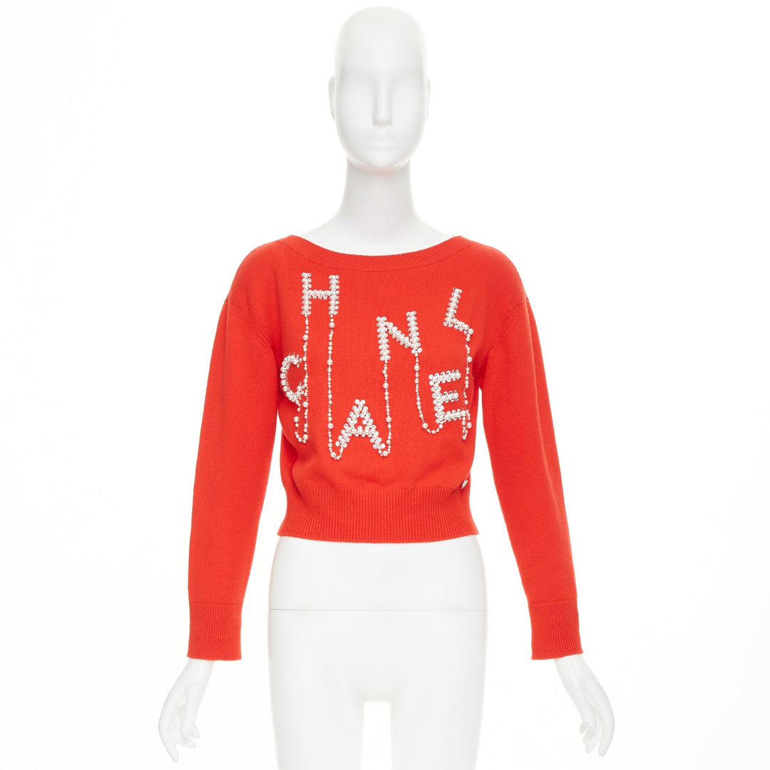 CHANEL 21S Runway 100% cashmere red pearl crystal beads spellout sweater FR34 XS