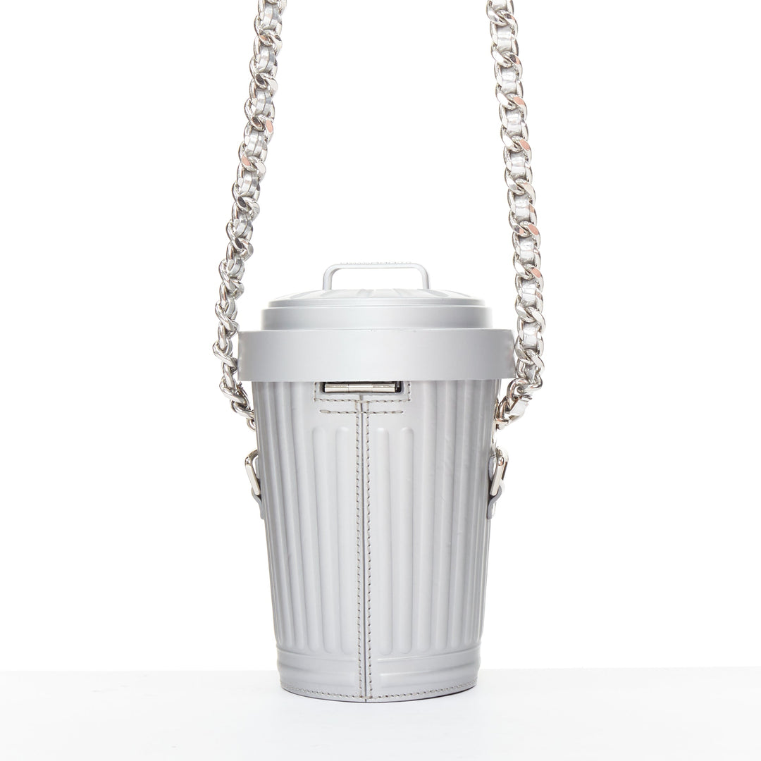 rare MOSCHINO 2017 Jeremy Scott Trash Can metallic silver chain crossbody bag