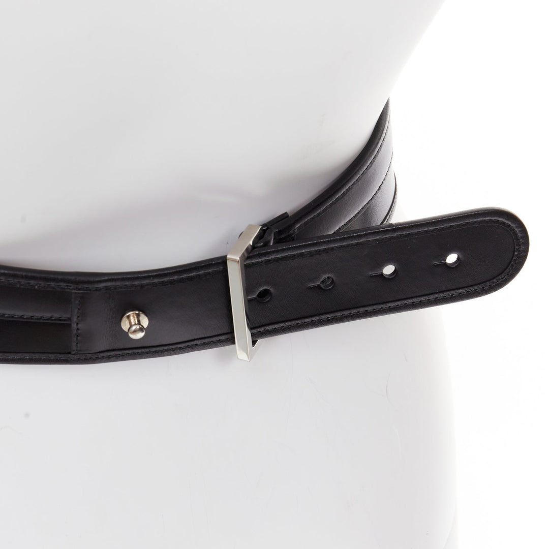 ALEXANDER MCQUEEN black polished leather hard overstitched corset waist belt 26"