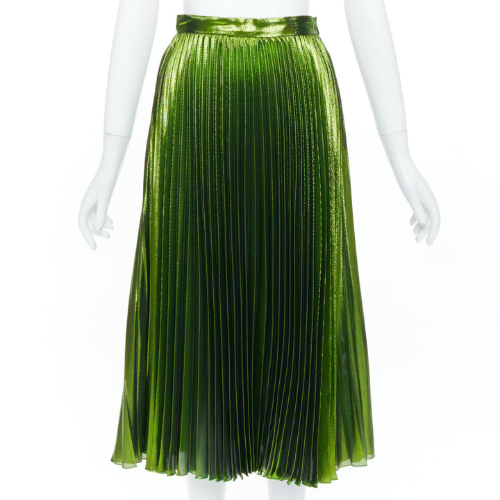 GUCCI 2016 Runway green metallic lame plisse silk blend pleated skirt IT36 XXS