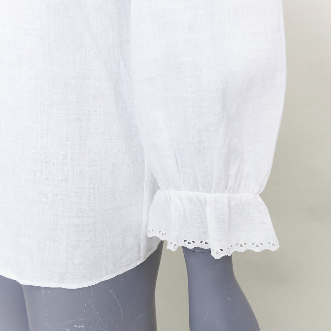 CELINE white linen ramie eyelet ruffled collar embroidered pleated shirt FR36 S