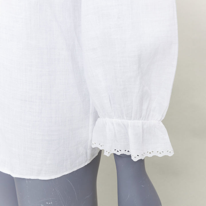 CELINE white linen ramie eyelet ruffled collar embroidered pleated shirt FR36 S