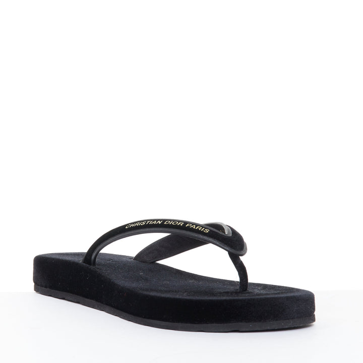 CHRISTIAN DIOR 2023 Diorsea black velvet gold letter platform thong sandals EU37