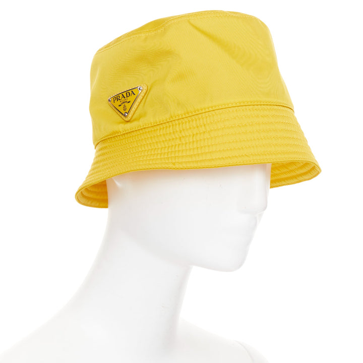 PRADA Re-Nylon mustard yellow silver logo plague topstitched bucket hat M