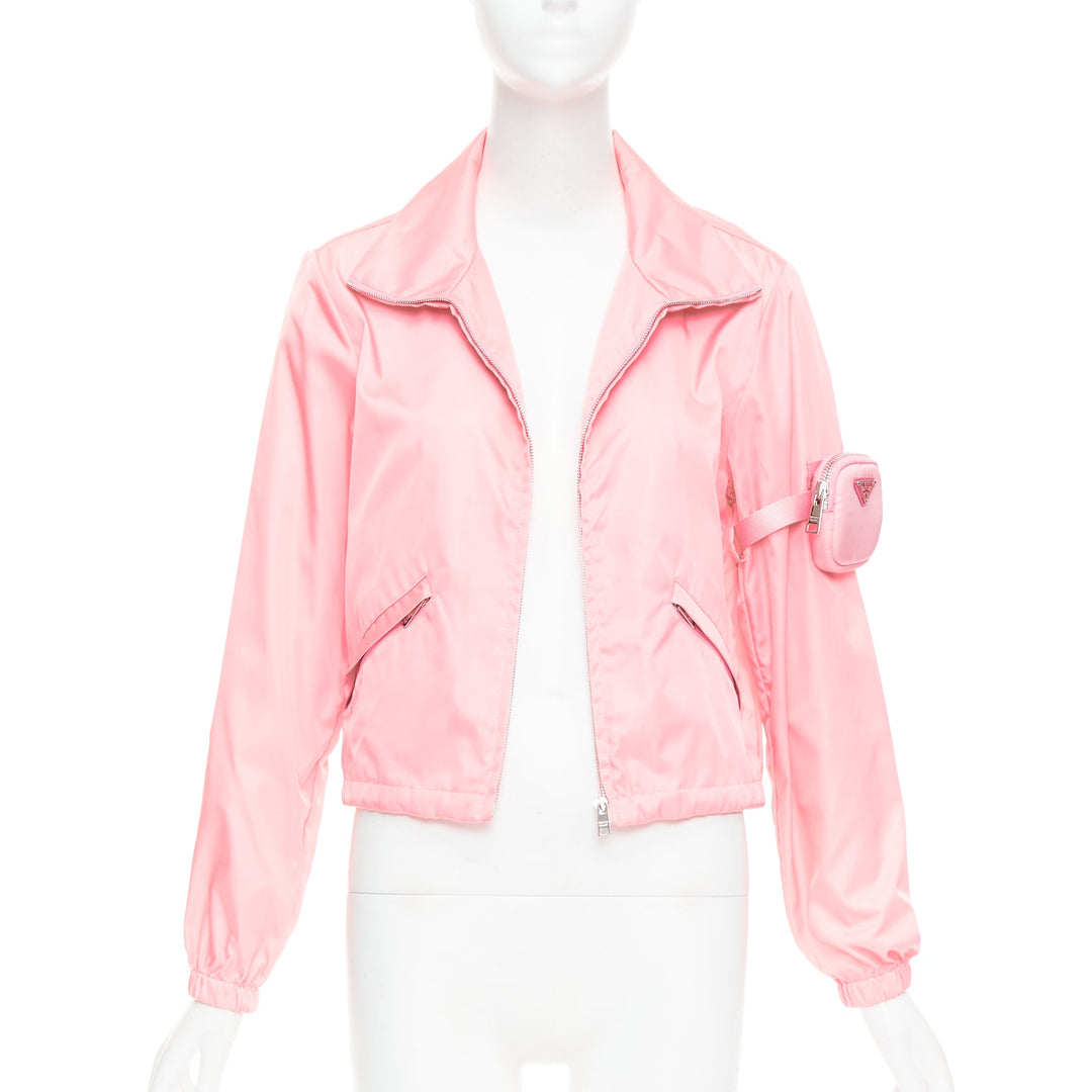 PRADA 2020 Re-Nylon pink nylon logo triangle pouch crop anorak IT38 XS