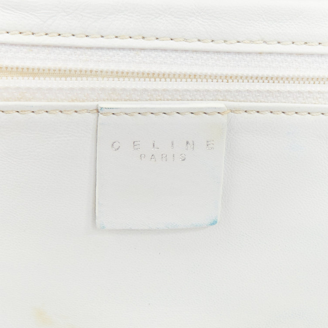 CELINE Vintage beige fabric Triomphe monogram white leather crossbody bag