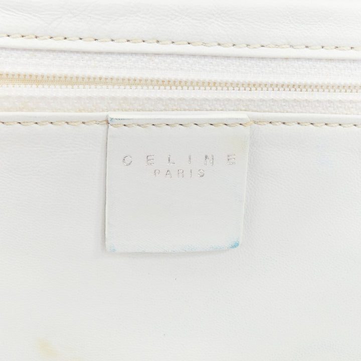 CELINE Vintage beige fabric Triomphe monogram white leather crossbody bag