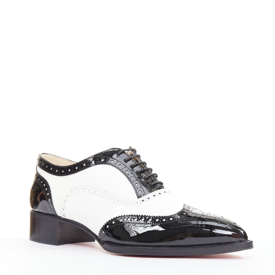 CHRISTIAN LOUBOUTIN Zazou Fiori Flat Patent black white point toe brogue EU38.5