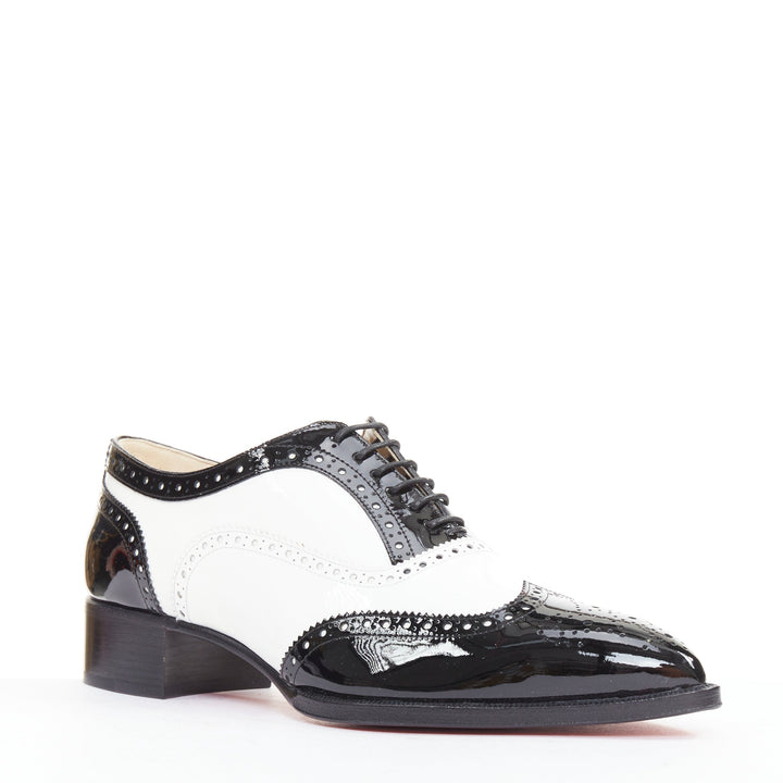 CHRISTIAN LOUBOUTIN Zazou Fiori Flat Patent black white point toe brogue EU38.5