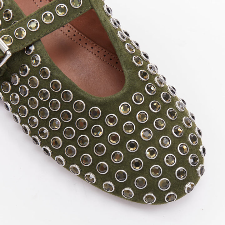 ALAIA 2023 La Ballerine Vert Foret green suede crystal buckle maryjane EU37.5