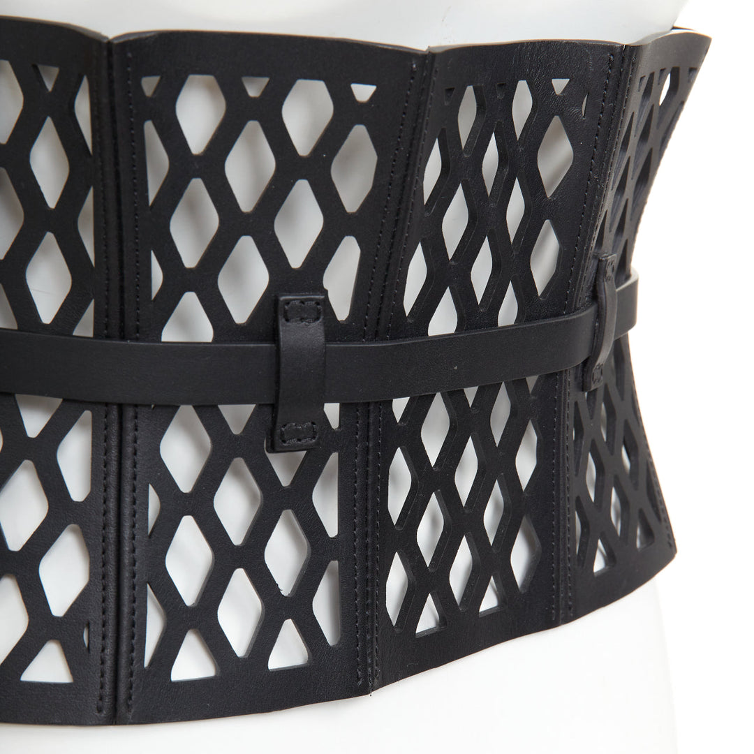 CHRISTIAN DIOR 2020 Runway D-Trap black laser cut fishnet leather corset belt M