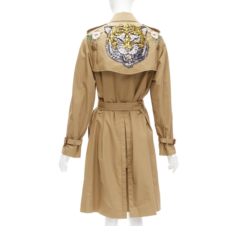 GUCCI gold sequins tiger flower embroidery beige belted trench coat IT38 XS
