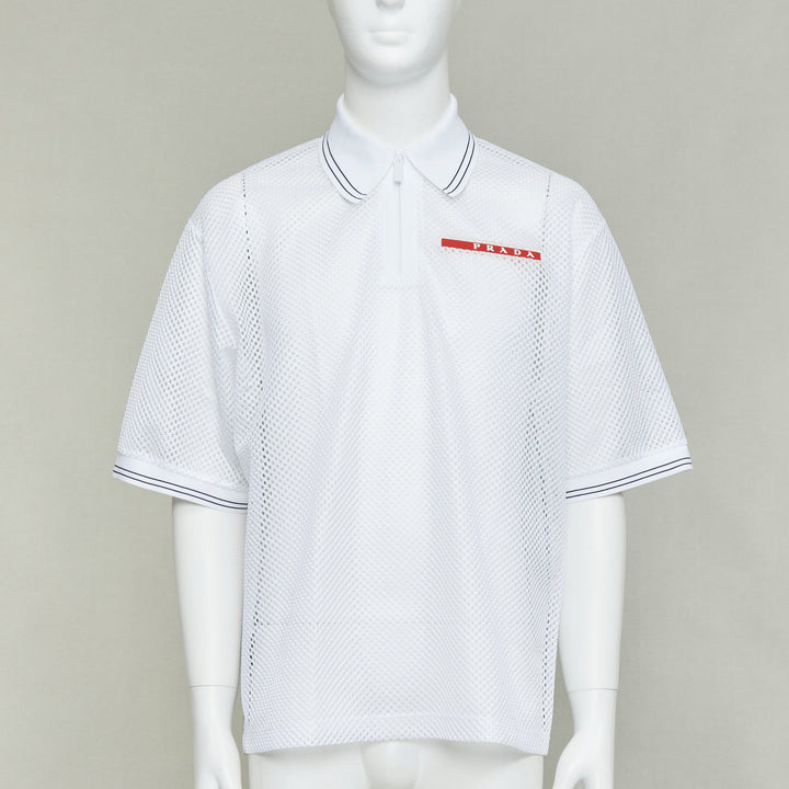PRADA 2020 white sport mesh red logo half zip boxy polo shirt L