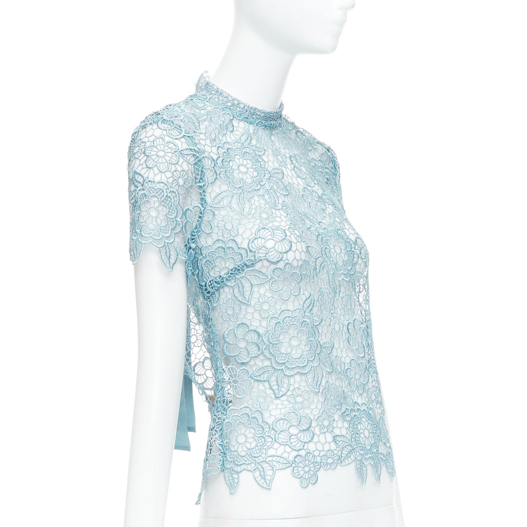 SELF PORTRAIT Guipure sky blue lace open-back scallop top UK6 XS