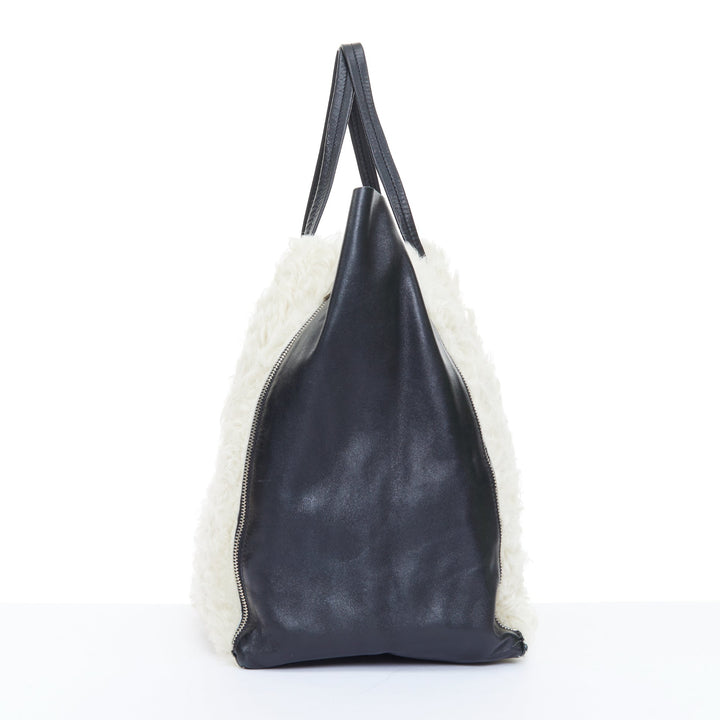 CELINE 2011 Vertical Gusset Cabas cream shearling black leather zip tote bag