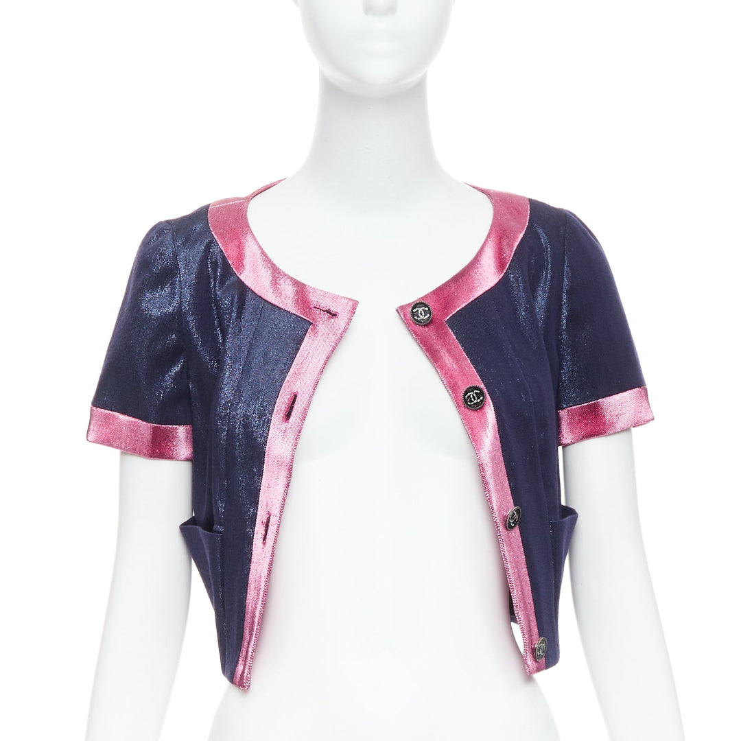 CHANEL 22K navy pink metallic wool blend cropped jacket FR36 S