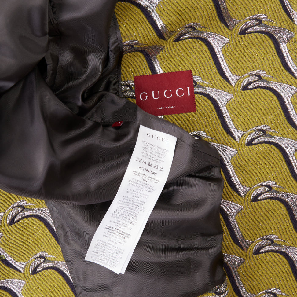 GUCCI 2024 Runway green silver Heron bird jacquard double breast peacoat IT40 S