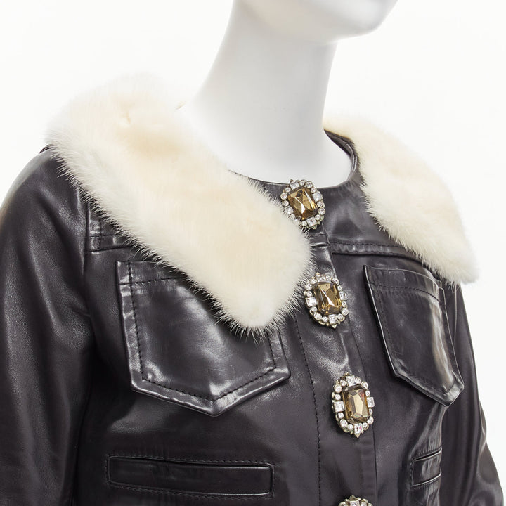 rare DSQUARED2 asymmetric fur collar jewel button cropped leather jacket IT40 S
