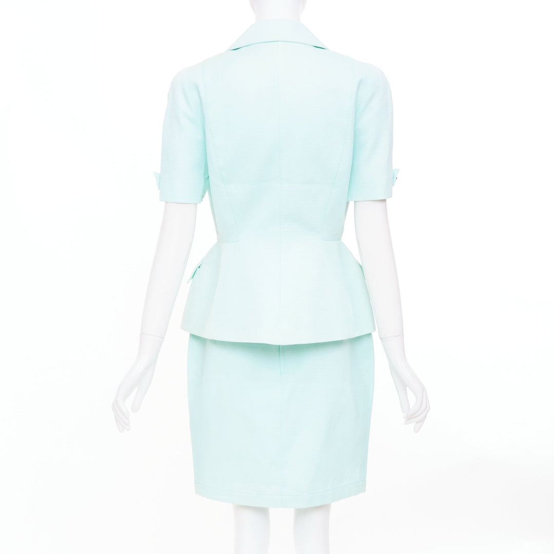 THIERRY MUGLER Vintage pale blue wool textured short sleeve peplum skirt suit