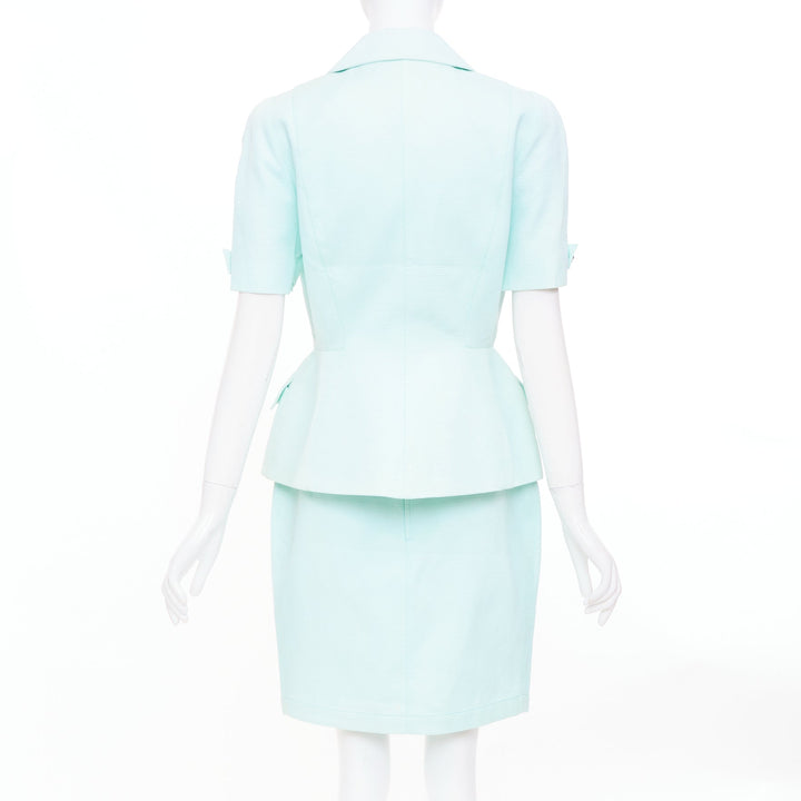 THIERRY MUGLER Vintage pale blue wool textured short sleeve peplum skirt suit