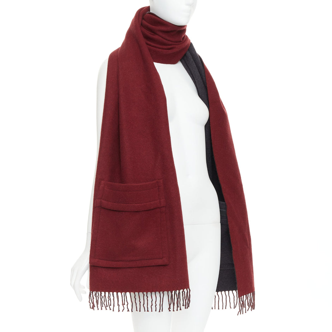 FENDI  100% cashmere burgundy grey bicolor pocket fringed long scarf