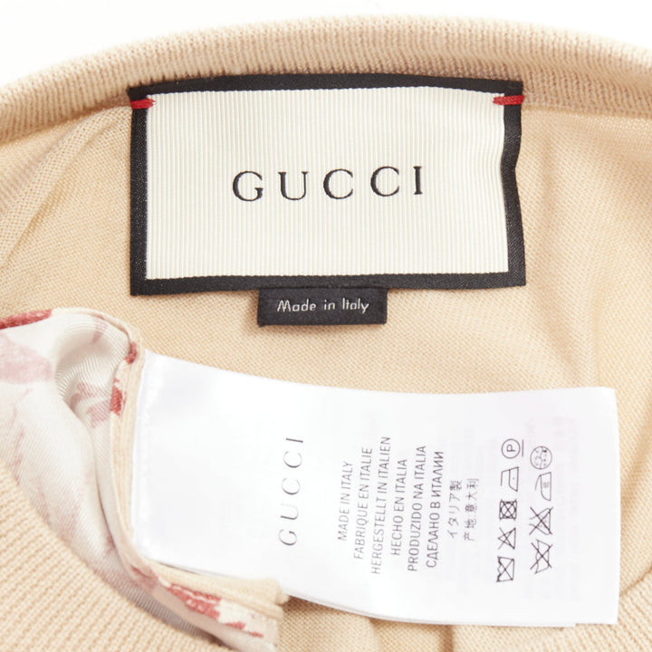 GUCCI Bloom floral butterfly silk print front wool knit sweater top M