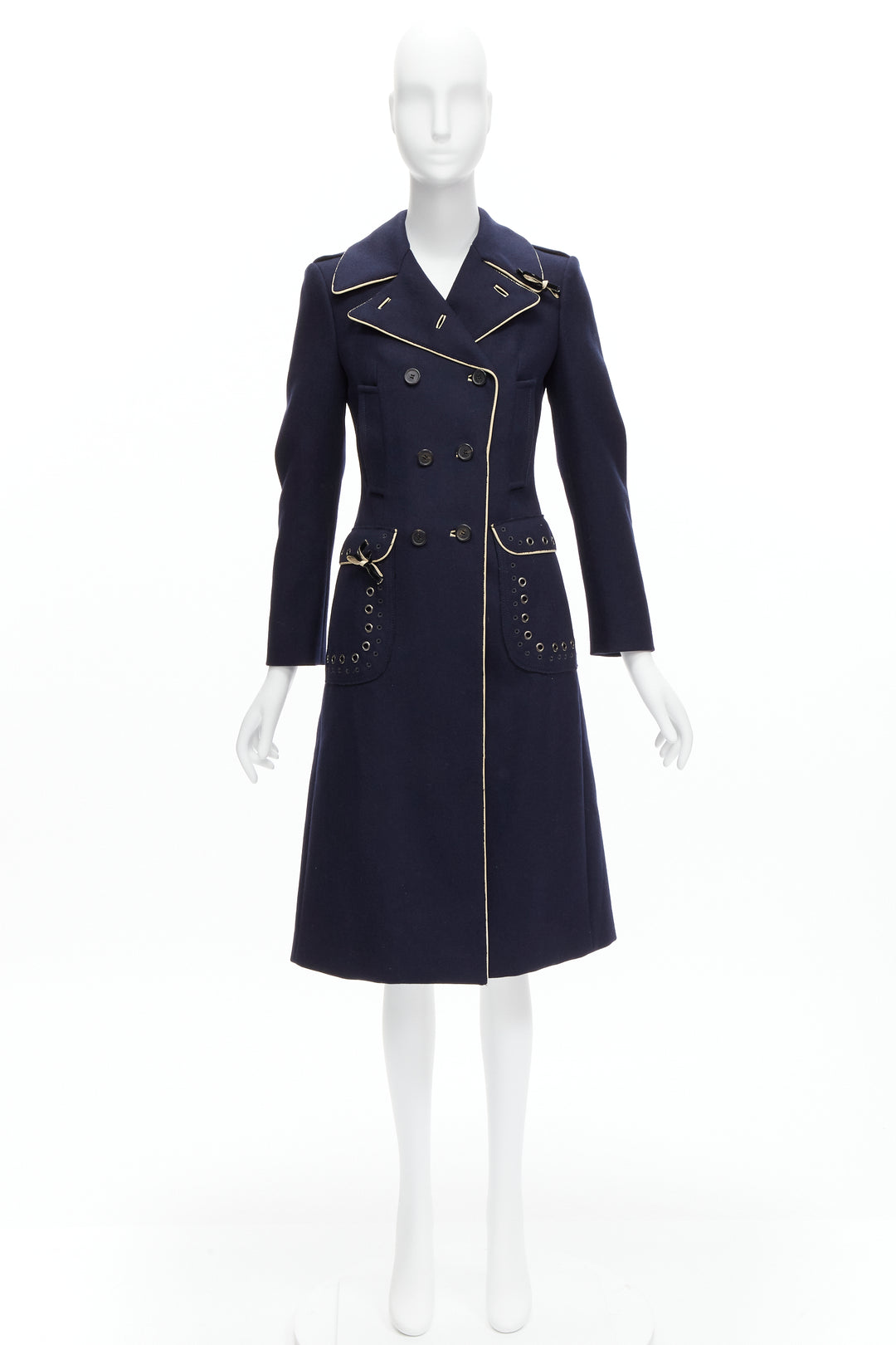 Female mannequin wearing Prada by Miuccia Prada Fall 2004 Runway Navy Wool Women Coat in Size IT36 | Available at JHROP