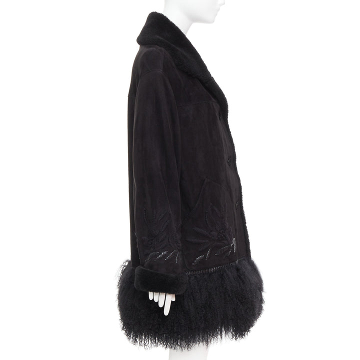 ERMANNO SCERVINO black multi sheep shearling leather embroidered coat IT40 S