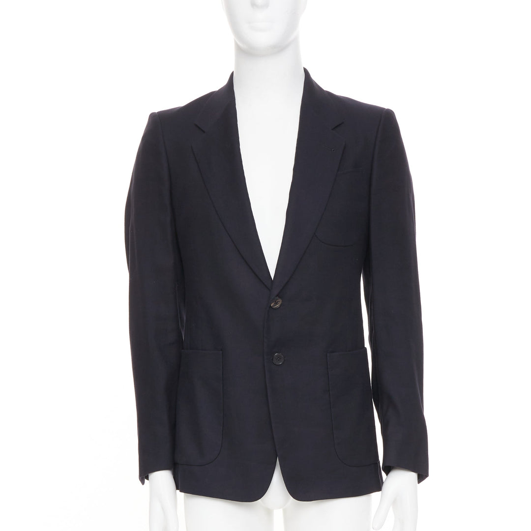 DRIES VAN NOTEN navy black linen cotton patch pocket notch lapel blazer EU46 S