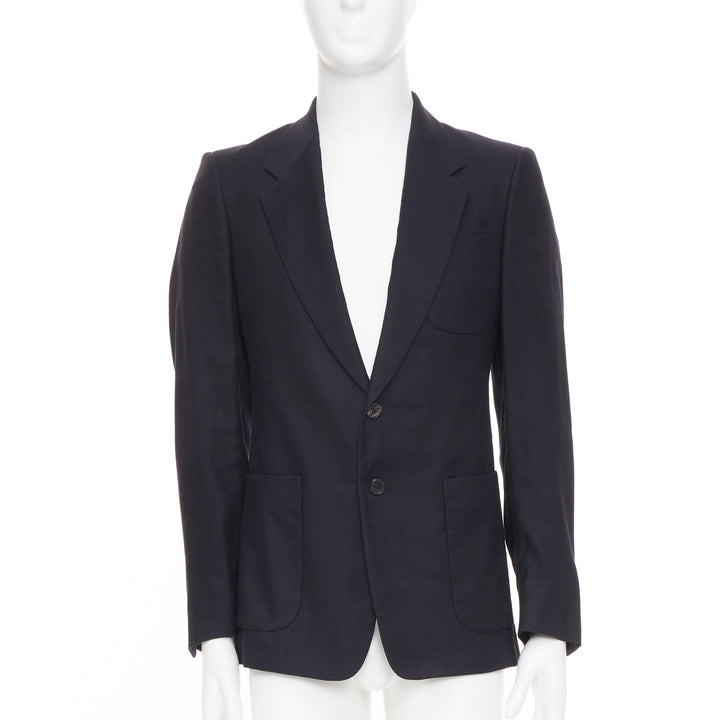 DRIES VAN NOTEN navy black linen cotton patch pocket notch lapel blazer EU46 S