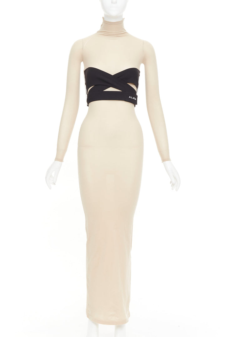 ALAIA 2023 beige second-skin band belted jersey turtleneck maxi dresse FR36 S