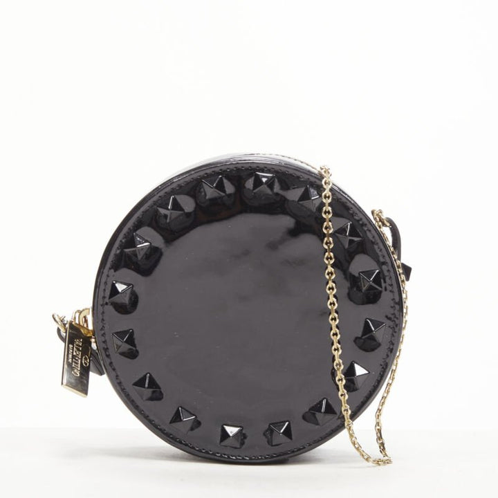 VALENTIN Rockstud black patent leather studded gold chain circle crossbody bag