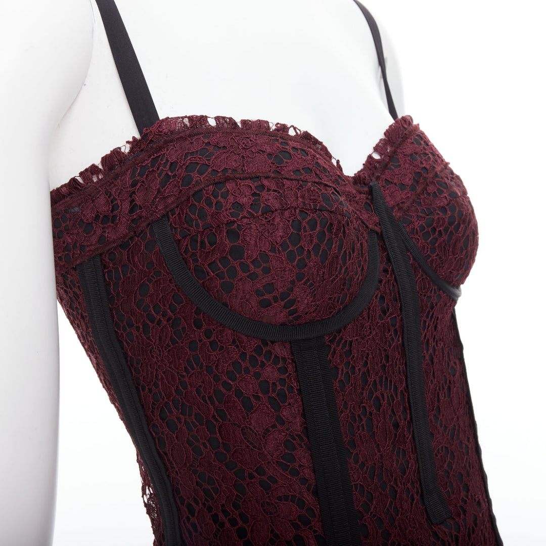DOLCE GABBANA burgundy black lace overlay hard corset bustier IT42 M