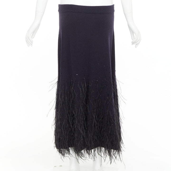 MICHAEL KORS COLLECTION navy knit black ostrich feather sequin embellished skirt