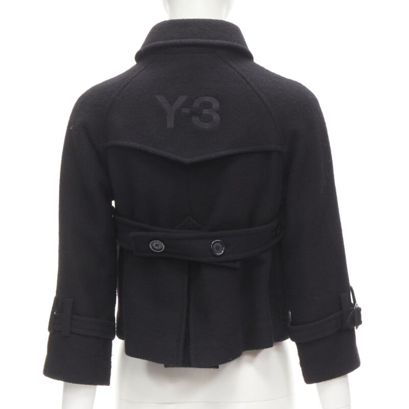 Y3 YOHJI YAMAMOTO ADIDAS black wool double breasted flared capelet trench XS