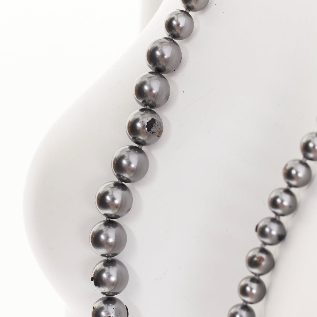 CHANEL B15P CC grey ruthenium metallic glass pearl long strand sautoir necklace