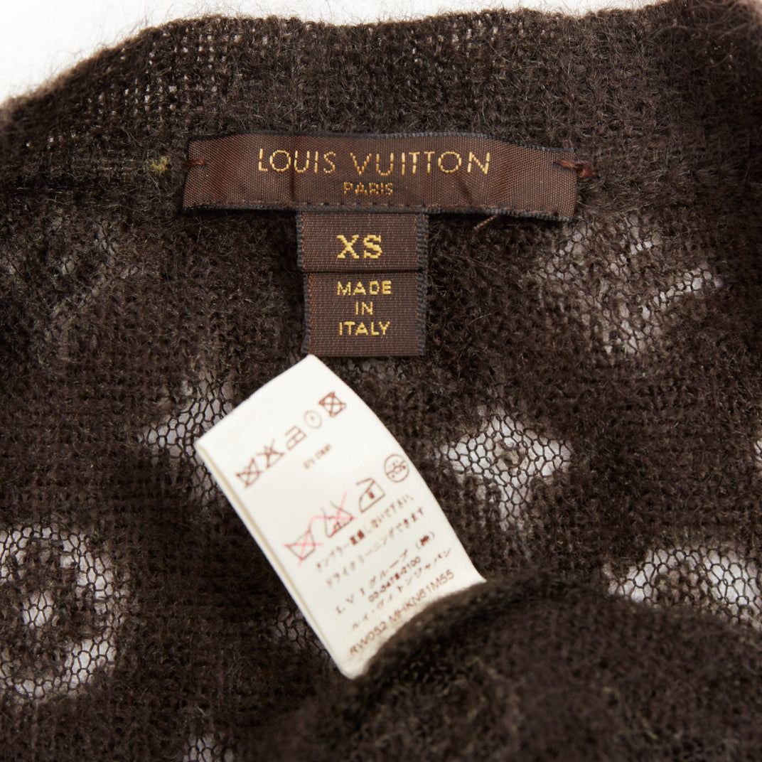 LOUIS VUITTON brown mohair blend LV logo monogram sheer knit sweater XS