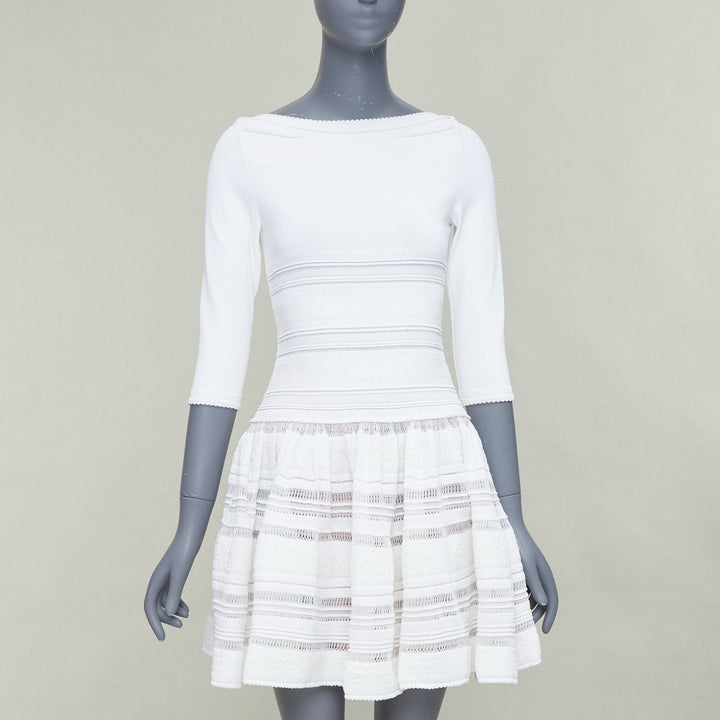 ALAIA cream viscose blend cropped sleeve bateau neck fit flare dress FR36 S
