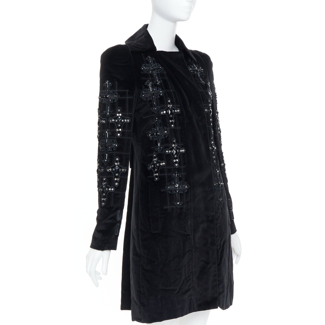 VERSACE 2012 runway black velvet gothic Byzantine cross flared zip coat IT38 XS