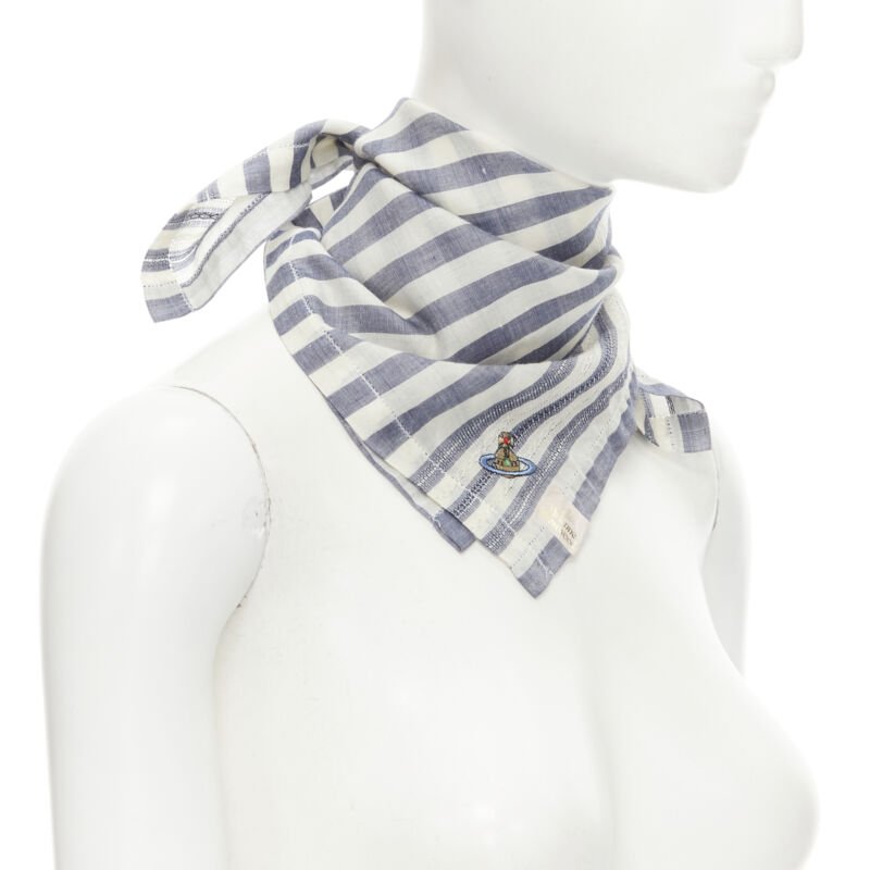 VIVIENNE WESTWOOD blue white nautical stripe orb logo handkerchief neckscarf