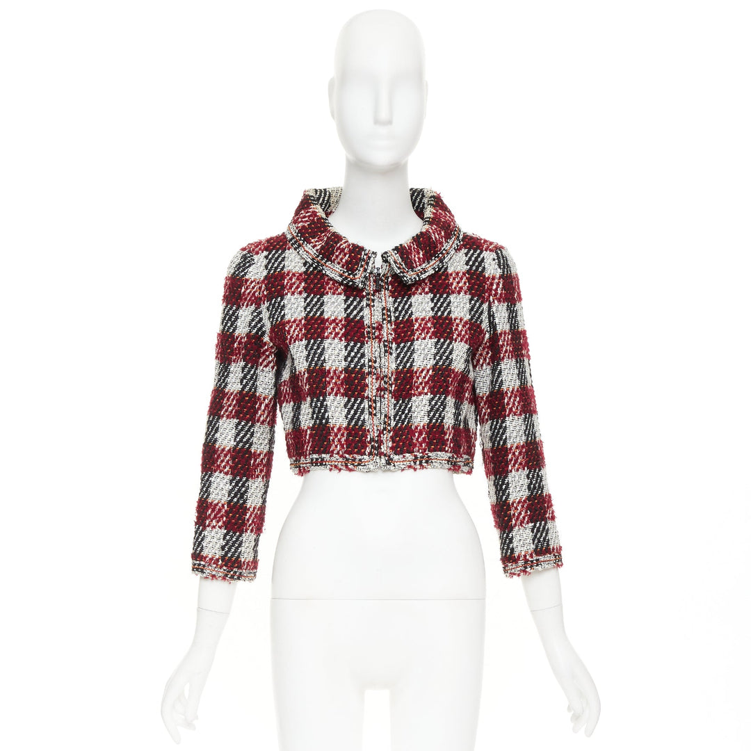 CHANEL 16A Runway burgundy checked tweed cropped zip-up jacket FR40 M
