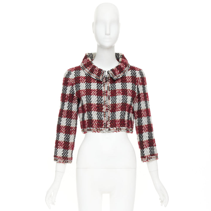 CHANEL 16A Runway burgundy checked tweed cropped zip-up jacket FR40 M